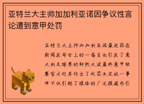 亚特兰大主帅加加利亚诺因争议性言论遭到意甲处罚